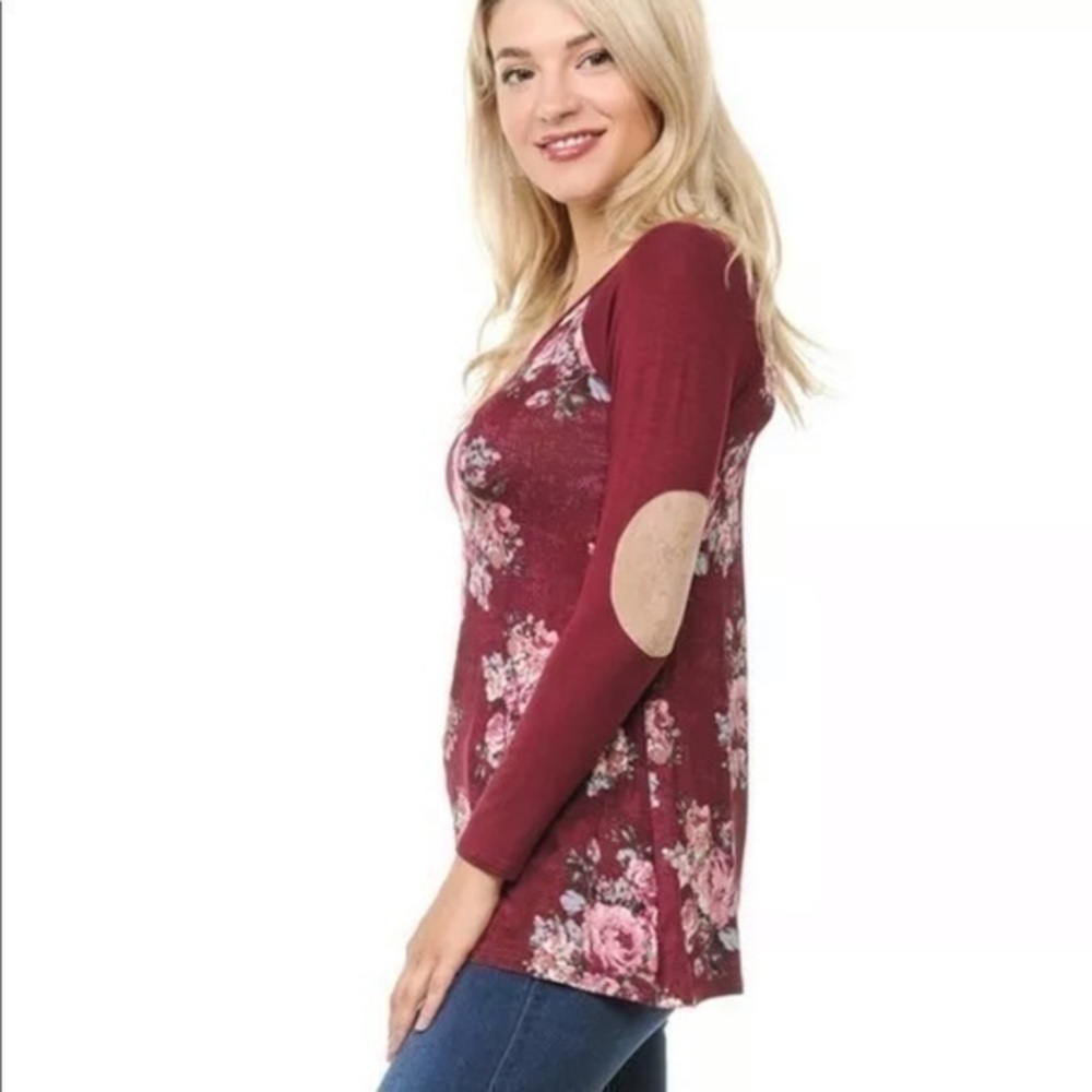 Floral Print Elbow Patch Long Sleeve Raglan Top - Picture 9 of 9